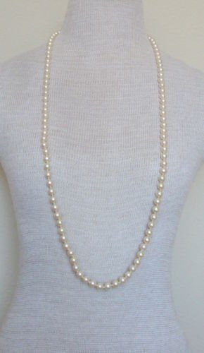 Vintage Cream Glass Faux Pearl 37"Long Strand Necklace