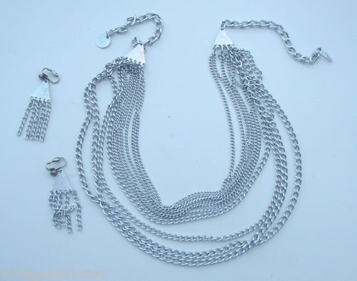 Vintage Silver Multichain Necklace Earrings Set