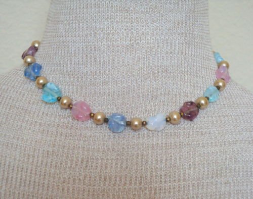 Vintage Pink & Blue Molded Glass Necklace 1960s