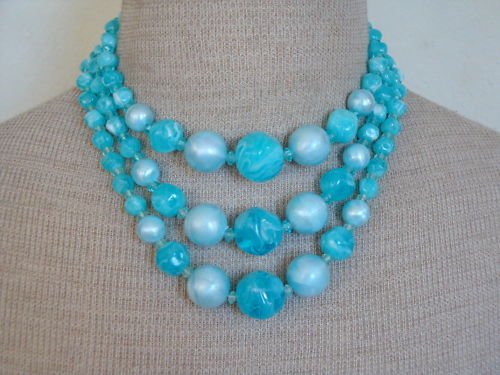 Vibrant Vintage Blue Oversize Bead 3 Strands Necklace