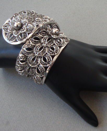 Vintage Chunky Chrome Filligree Hinged Clamper Bracelet