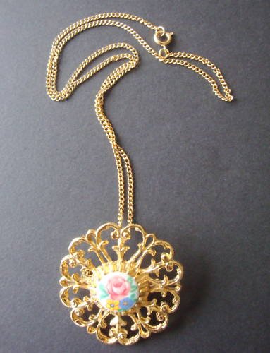 Vintage Victorian revival flower pin pendant necklace