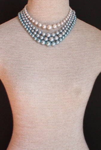Vintage Multi Strands Jackie O Blue Pearl Necklace