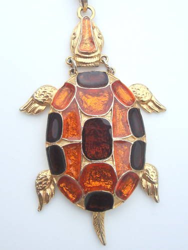 Vintage Chunky Turtle Glass Pendant Necklace Boho 70s
