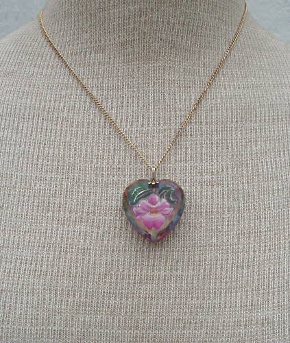 Vintage Pink Flower Glass Heart Pendant Necklace
