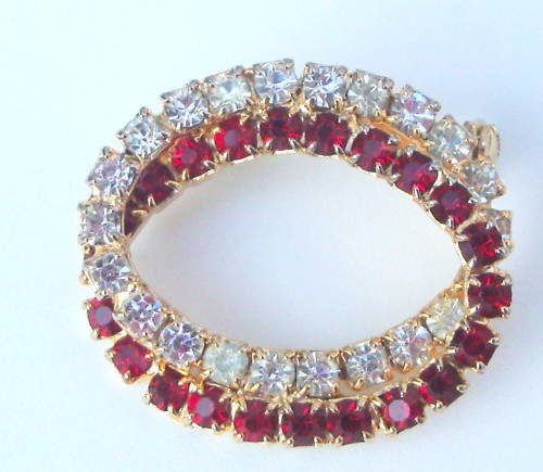 Vintage Red White Rhinestone Pin Brooch