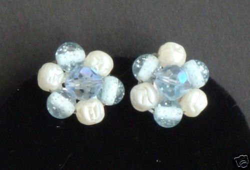 Vintage Blue Crystal Faux Pearl Lucite Clip On Earring
