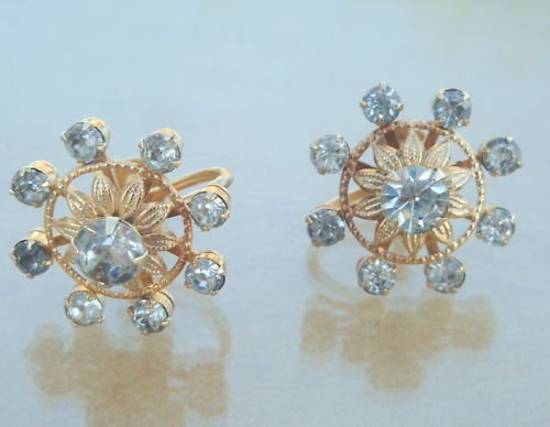 Vintage Art Deco White Rhinestone Screw Back Earrings