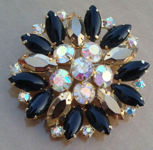 Vintag Black & Gold Navette AB Rhienstone Pin Brooch