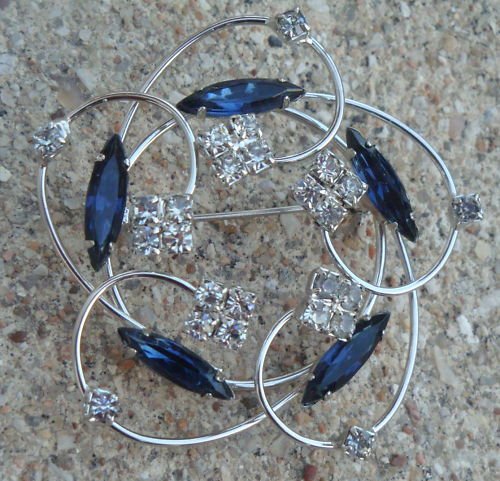 Vintage Chrome With Blue Navette Rhinestone Pin Brooch