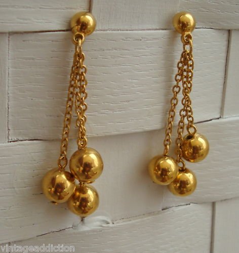 Vintage Gold Tone Chain Long Dangle Pierced Earrings