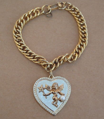 Vintage Goldtone Chain Heart Cherub Charm Bracelet