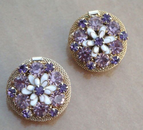 Vintage WEISS Golden Mesh Purple Rhinestone Earrings