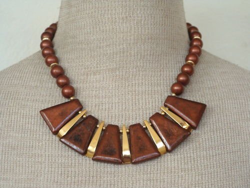 Unique Vintage Pearl Copper Tone Bib Cleopatra Necklace