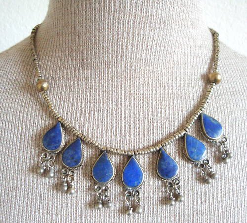 Vintage Art Deco Lapis Egyptian Revival Bib Necklace