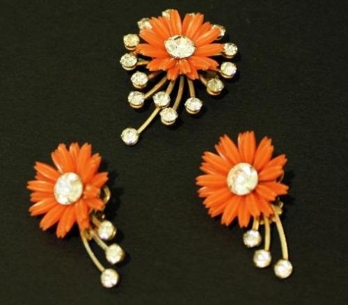Vintage Celluloid Orange Flower Earrings Brooch Set