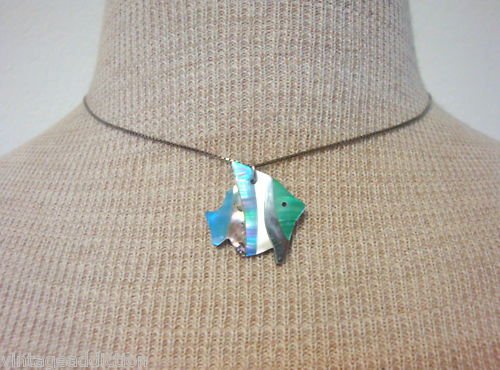 Vintage Sterling Mother Of Pearl Fish Pendant Necklace