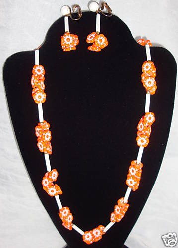 Vibrant Vintage Orange Flower Necklace Earring Set 60s