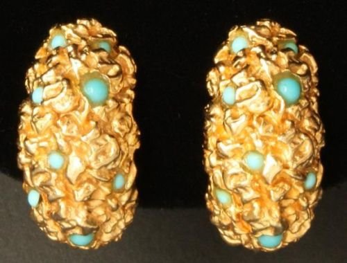 Vintage Regal Gold Tone Blue Bead Chunky Earrings