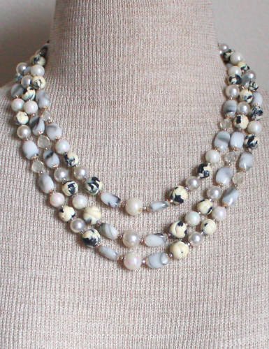 Vintage Classy Multi Strands Stone Glass Necklace Japan