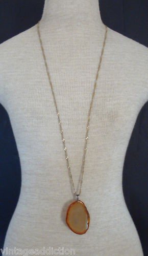 Vintage 36" Long Chain Slice of Stone Pendant Necklace