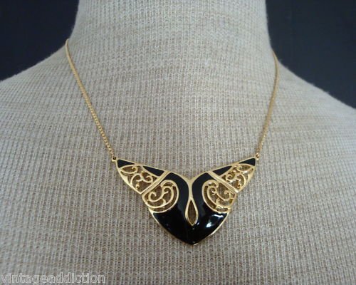 Elegant Vintage Black Enamel Wing Necklace