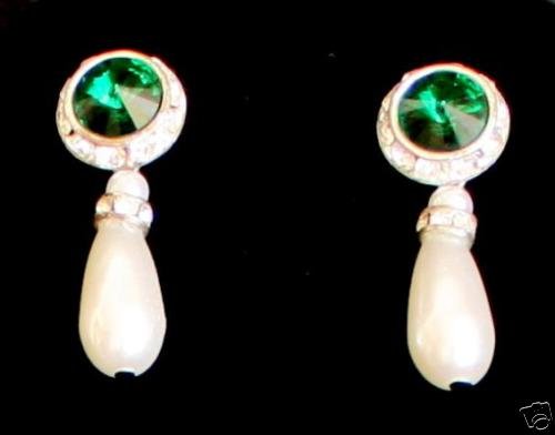 Vintage Green Glass Faux Pearl Pierced Dangle Earrings