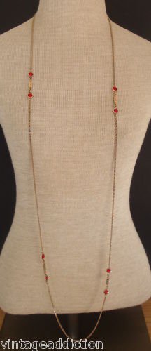 Vintage Art Deco Red Glass 55" Long Strand Necklace