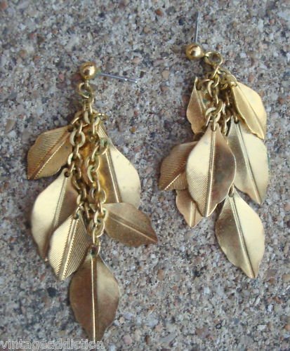 Outstanding Vintage Golden Leaves Long Pierced Earrings