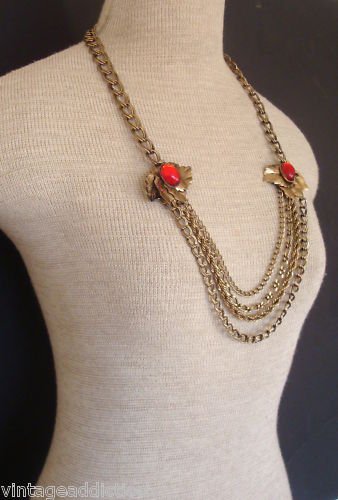 Vintage Red Cabochon Chunky Chain Statement Necklace