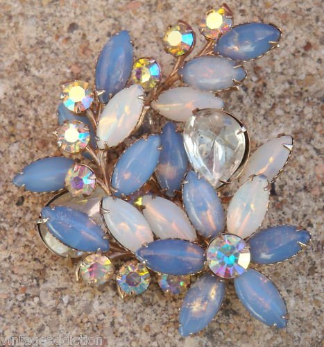 Vintage Blue Huge Flower Rhinestone Navette Pin Brooch