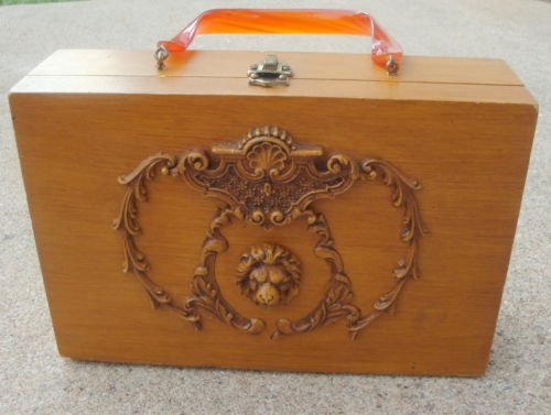 Vintage Lion Head Wood Purse celluloid Handle