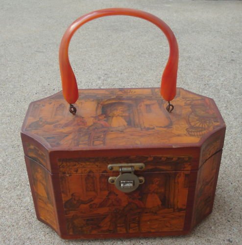 Vintage Octagonal Wooden Box W/Built In Mirror