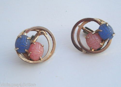 Vintage Pin & Blue Scarab Antique Earrings