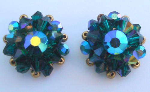 Vintage Green Aurora Borealis Crystal Glass Earrings