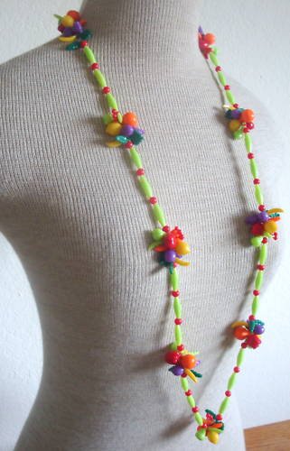 Vintage Fruit Salad Colorful Plastic Long Necklace 1960