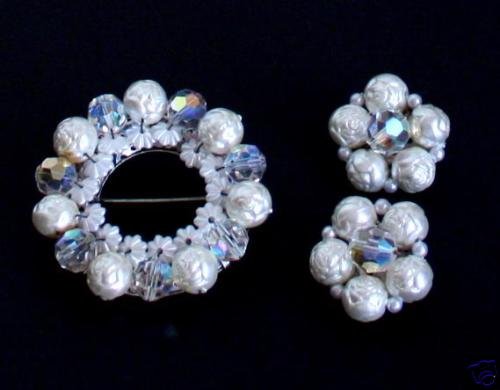 Vintage White Baroque Crystal Brooch Earrings Set