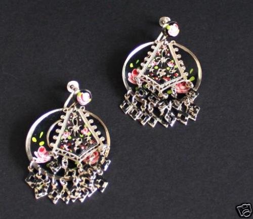 Vintage Hand Painted Asian Dangle Screw Back Earrings