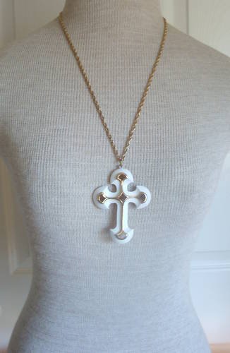 Vintage Cream Enamel Cross Pendant Necklace