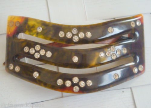 Vintage Olive Green Rhinestone Early Plastic Hair Comb