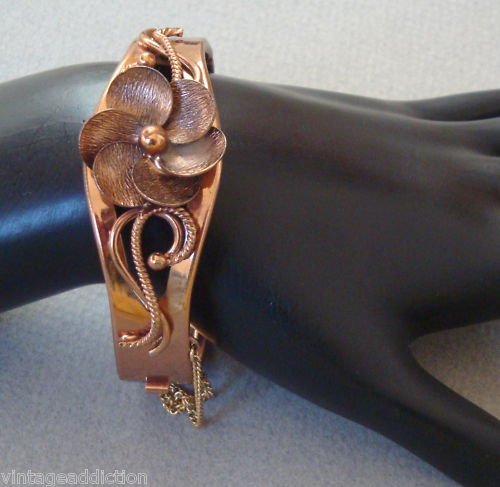 Vintage Art Deco Copper Flower Hinged Bracelet