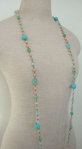 Vintage Art Deco Aquamarine Glass Long Strand Necklace