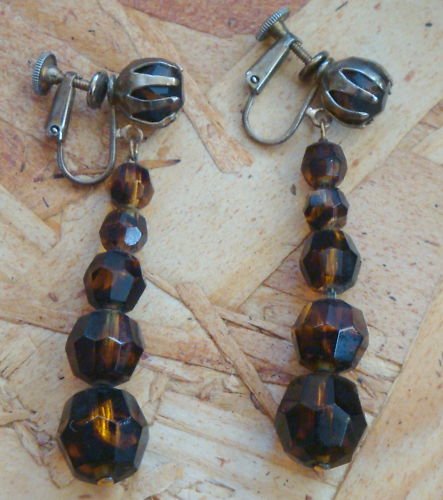 Vintage Brown Amber Long Dangle Screw Back Earrings