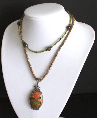 Chunky Green Crystal Unakite Stone Necklace on 925