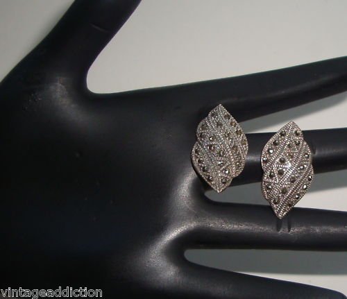 Vintage Sterling Silver Marcasite Leaf Pierced Earrings