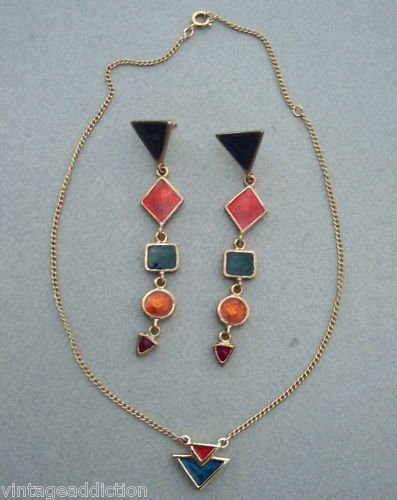 Vintage Sarah Cov Vibrant Long Earrings & Necklace Set