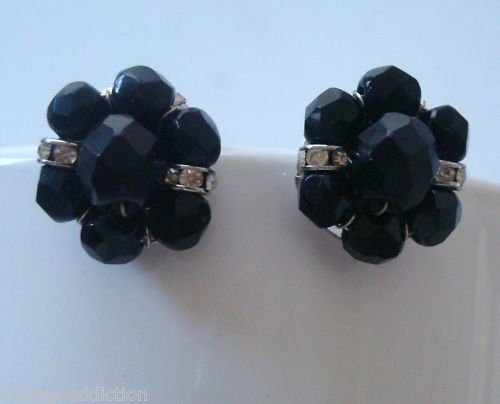 Vintage Faceted Black Glass Clip On Earrings