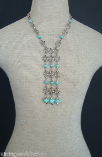 Cute Vintage Blue Glass Lariat Statement Necklace