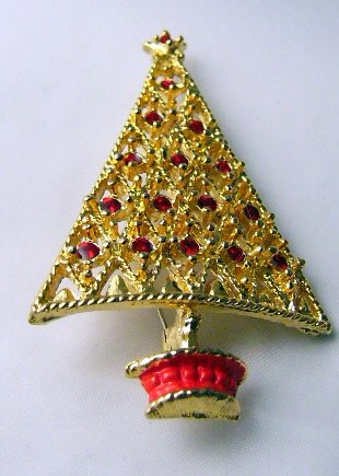 Retro Christmas Tree Pin Goldtone Red openwork