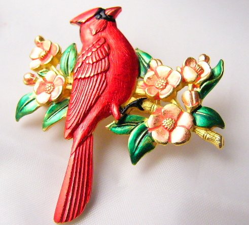 Birds are Singing RED Cardinal on flowers Signed By JJ Pin